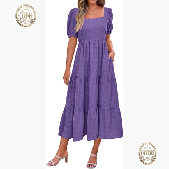 Dresses & Skirts - Polyester Puff Sleeve Square Neck High Waist Smocked Midi Dress